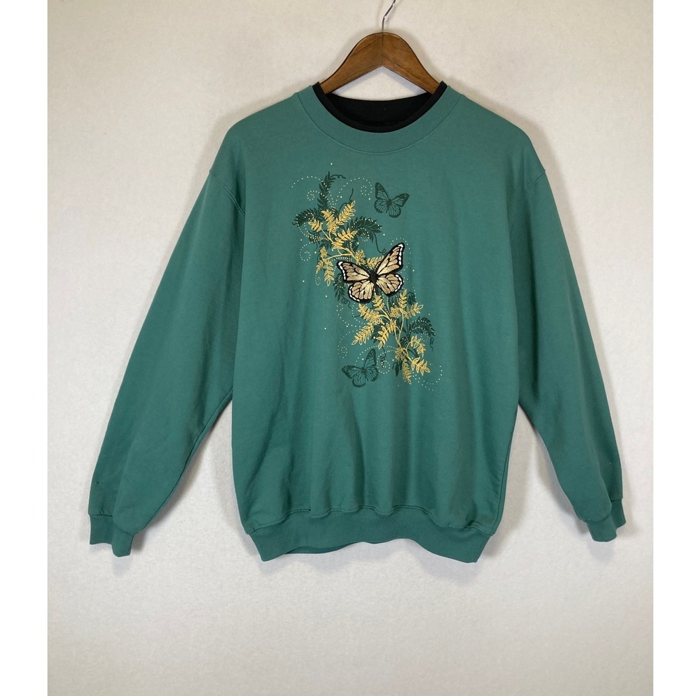 Cottagecore Top Stitch by Morning Sun Women XL Teal Butterfly Double Collar Crew